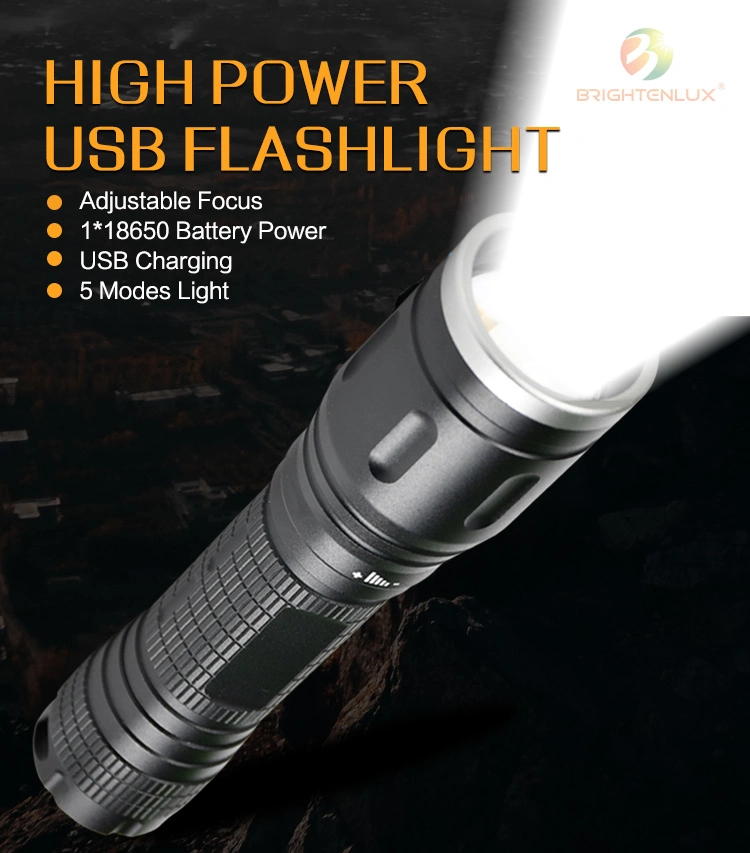 Brightenlux High Quality Zoomable USB Rechargeable Battery Powerful LED Tactical Flashlight & Torches with 5 Modes Light